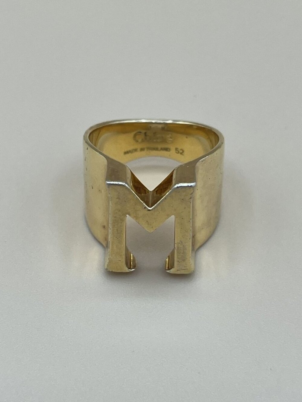 Chloe Gold Tone Wide Band Sculptural Letter M Ring Size 52 EU / US 6